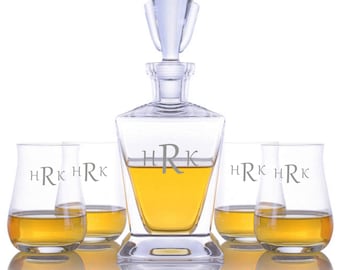 Engraved Crystal Liquor Decanter Set, Personalized Scotch Glasses, Ravenscroft Gift