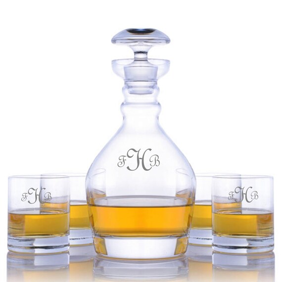 Ravenscroft crystal (a real, respected brand) paired with custom engraving — this is the whiskey decanter set that actually impresses a whiskey snob.