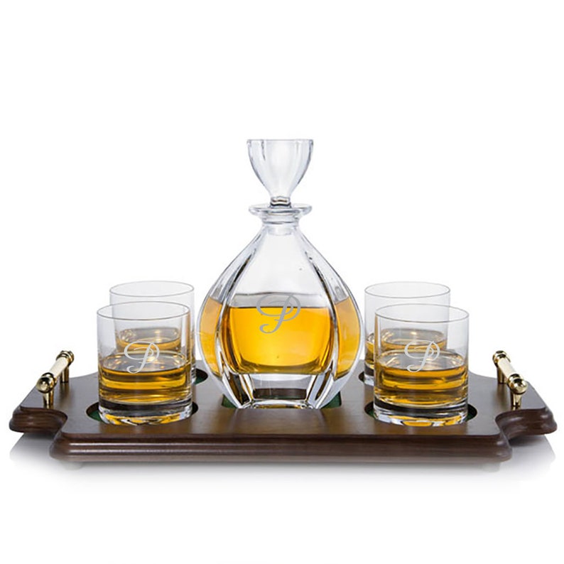 Personalized Crystal Laguna Decanter & Rocks Wood Tray Gift Set by