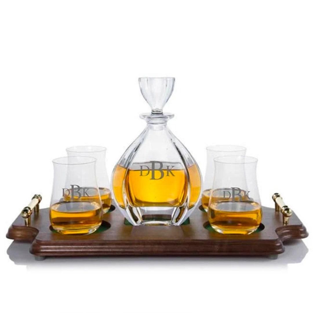 Personalized Laguna Decanter Scotch Wood Tray Gift Set by Crystalize
