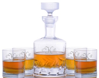 Personalized Engraved Beveled Blade Whiskey Decanter & 4 Rocks Glasses Gift Set By Ravenscroft-Free Shipping