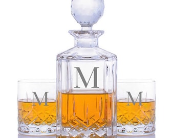 Personalized Engraved Cut Crystal Whiskey Decanter 3 Piece Gift Set By Crystalize-Free Shipping