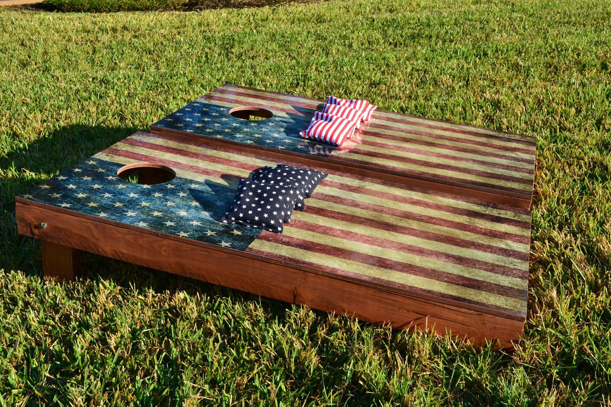 Worn American Flag Themed 2x4 Custom Cornhole Board Set w//Bags