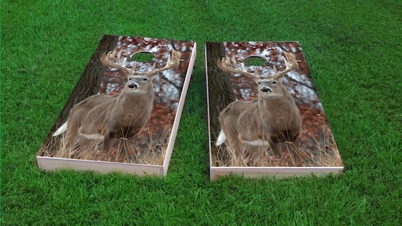 Corn Toss Deer Buck on top of Mountain with sunset 2x4 Custom Cornhole Board Set with bags Custom Corn Hole Bag Toss Bean Bag Toss