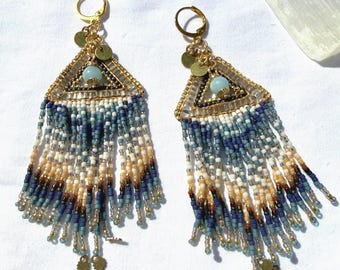 Orecchini con perline e acquamarina, frange boho chic, acciaio chirurgico, regalo per la festa della mamma.