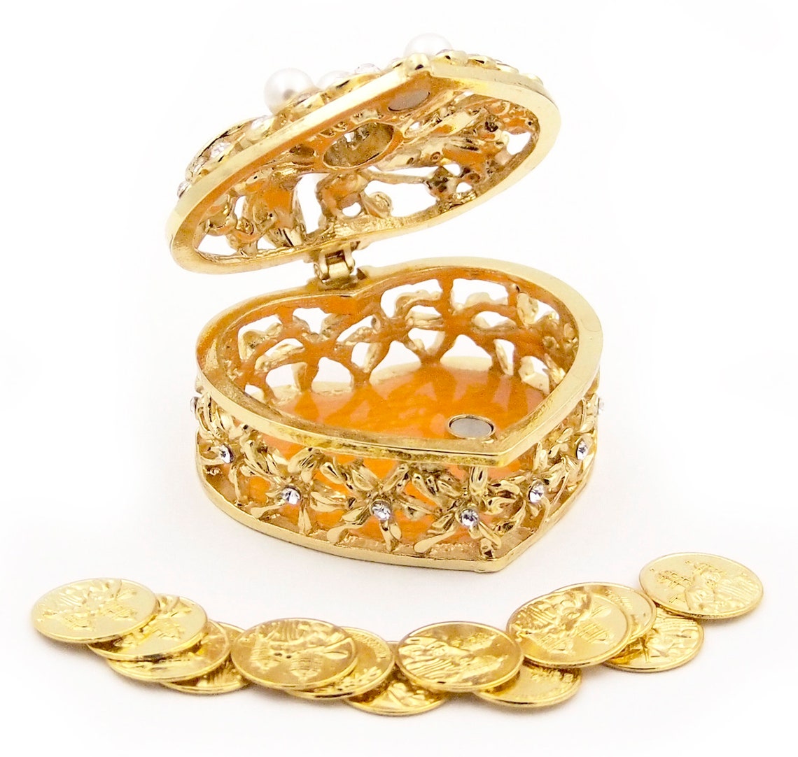Gold Wedding Arras Box, Heart Shaped With Pearls, Unity Coins Included ...