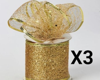 3 rolls Gold Glitter Tulle Ribbon, Wired Edge Mesh, 2.5 Inch x 10 Yard, Great for Holiday Event and Christmas Decor, Craft Supply