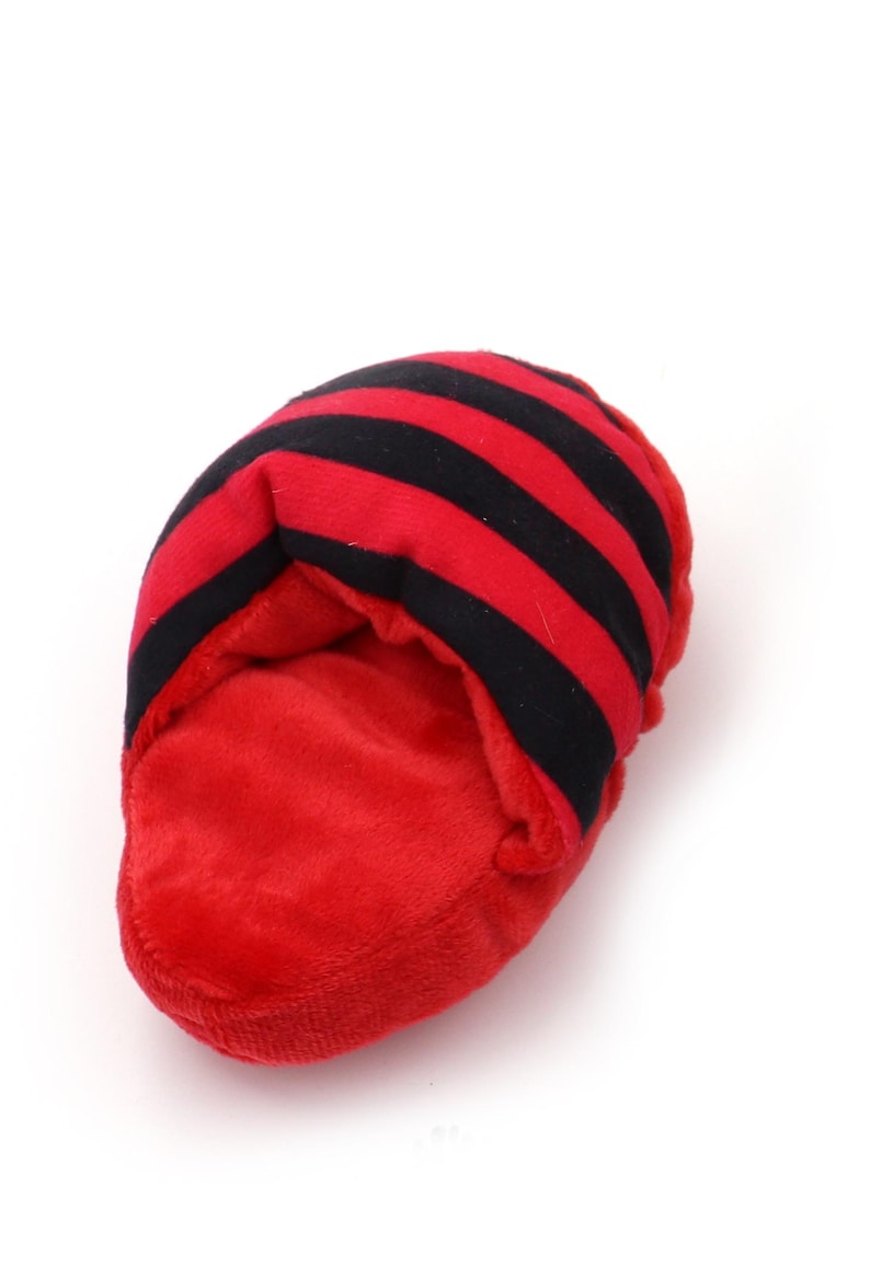May include: Red and black striped plush toy shaped like a slipper.
