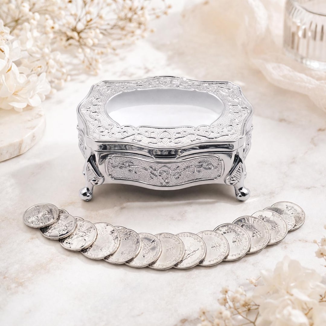 Wedding Arras, Silver Footed Floral Wedding Arras Box With Coins Set ...