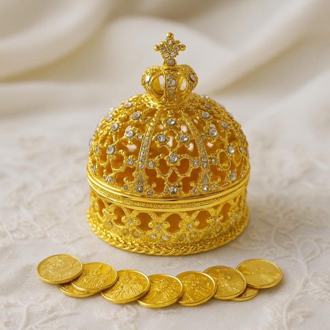 Wedding Arras, Gold Crown Wedding Arras Box With Coins Set, Jewelry Box ...