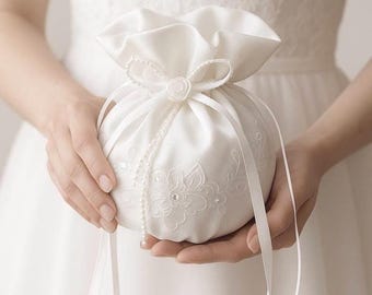 Wedding Drawstring Bag, Bridal Satin Purse, White Satin Money Bag