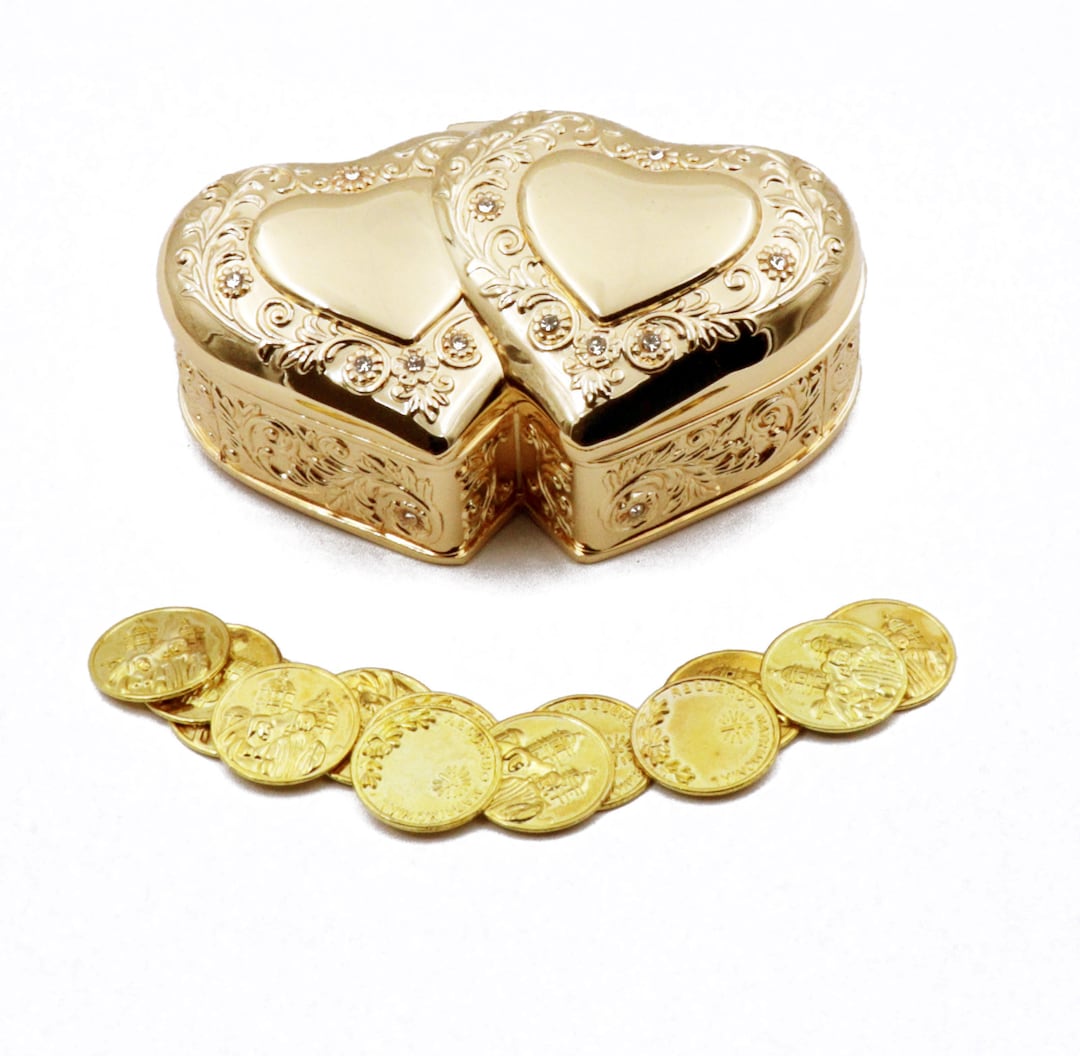 Arras Rings Elegant Gold Double Heart Wedding Arras With 13 Coins Set, Ring Box ...