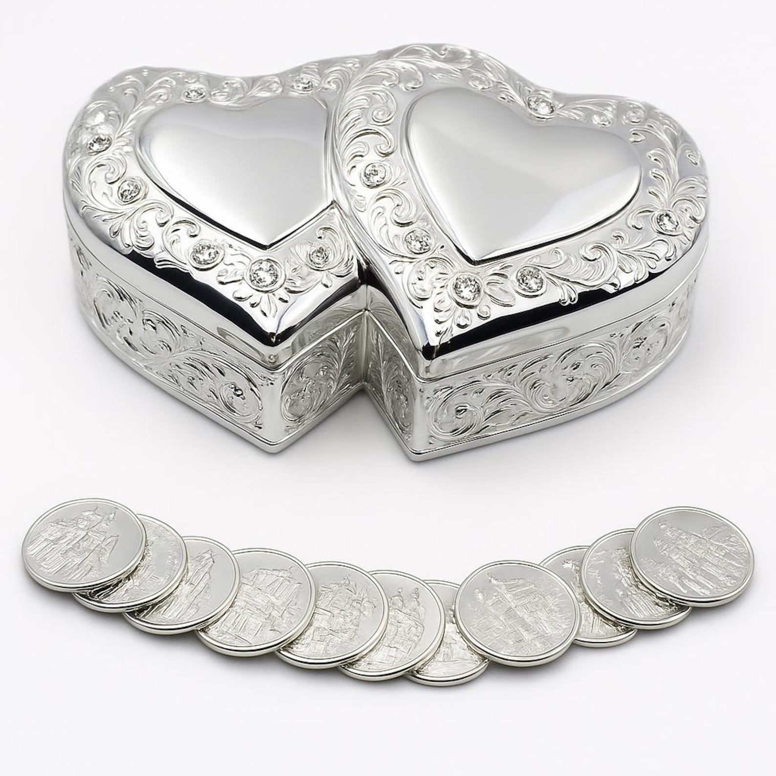 Arras Rings Elegant Silver Double Heart Wedding Arras With 13 Coins Set, Ring Box ...