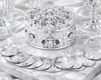 Wedding Arras, Silver Round Rhinestone Wedding Arras Box Set with Unity Coins, Wedding Arras, Arras de Boda, Arras, Wedding Gift Idea