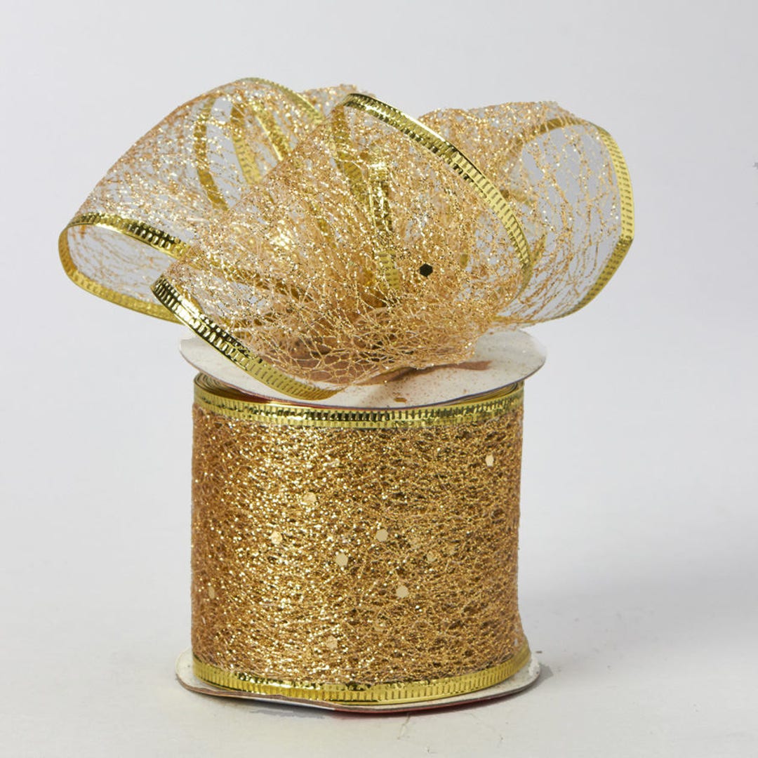 Gold Ribbon, Gold Blink Ribbon, Wired Ribbon, Decorative Tulle Glitter ...