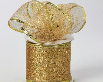 Gold Ribbon, Gold Blink Ribbon, Wired Ribbon, Decorative Tulle Glitter Ribbon, Weave Mesh Wrap Ribbon Roll 2.5 inch x 10 Yard