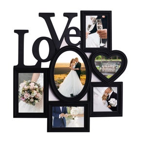 May include: A black collage photo frame featuring the word LOVE integrated into the structure. It includes six openings for photographs: one rectangular, one oval, one heart-shaped, and three square or rectangular frames for wedding photos.
