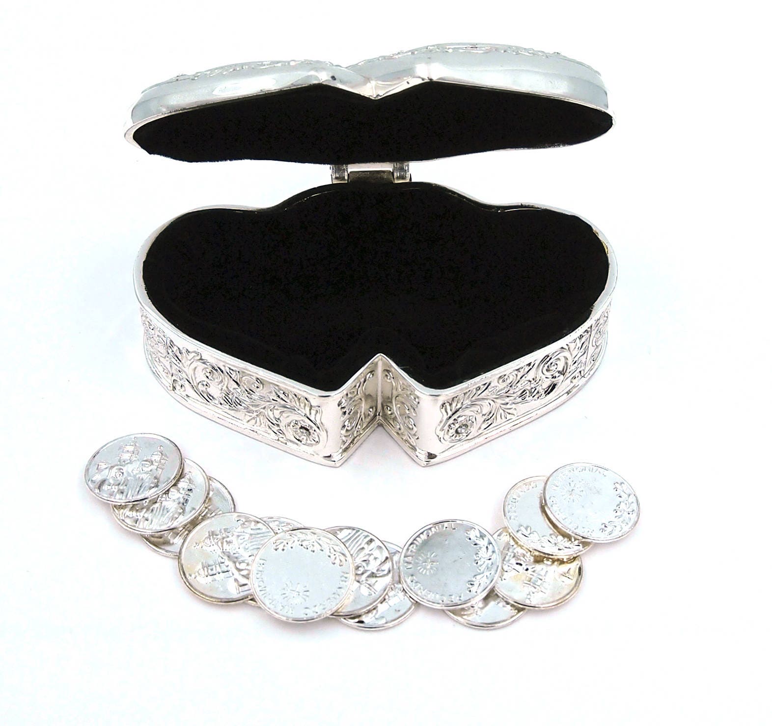 Arras Rings Elegant Silver Double Heart Wedding Arras With 13 Coins Set, Ring Box ...