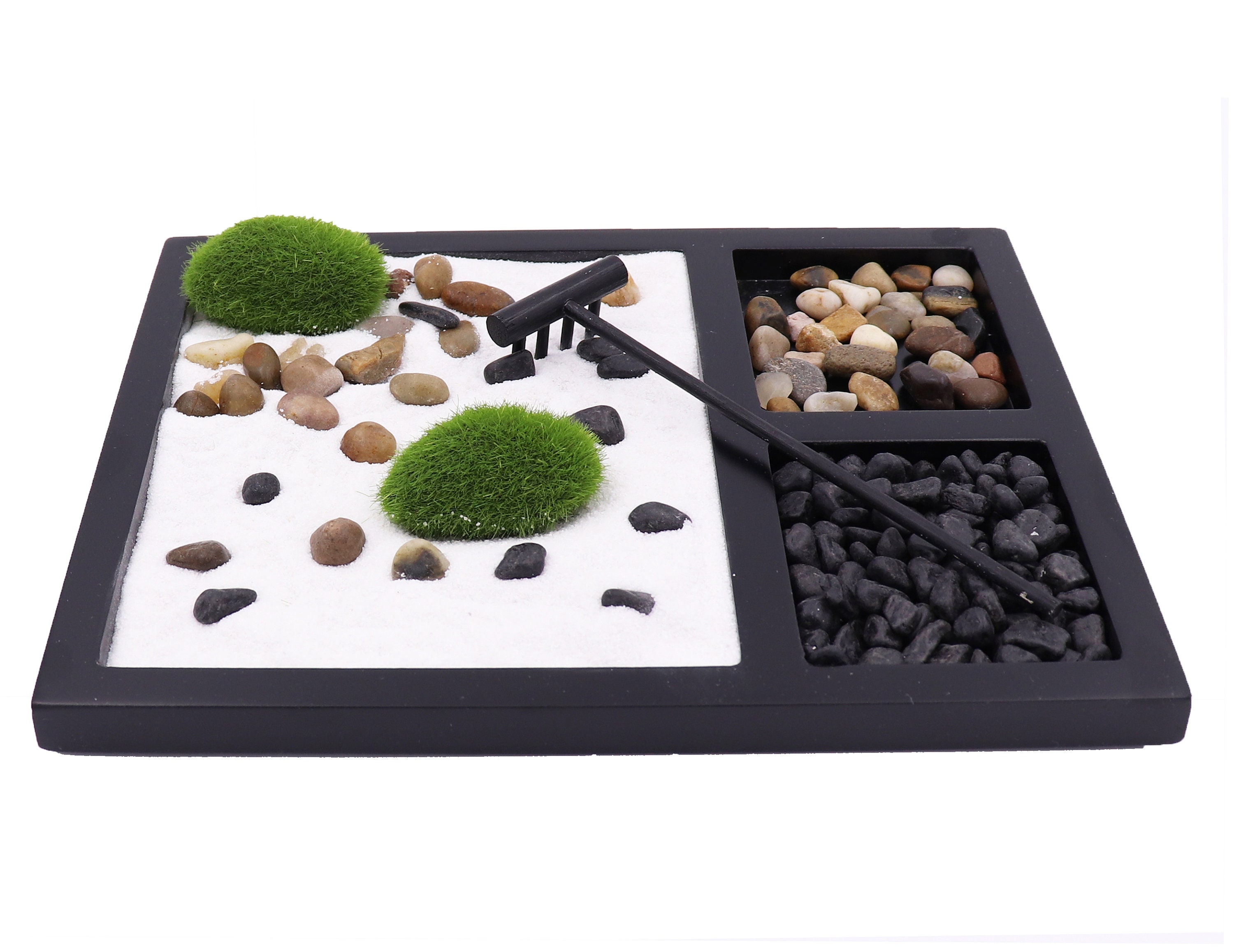Desktop Zen Garden Kit for Desk and Office Accessories Includes Zen Garden Sand,Rake, 2 types Stones 2 Grass Decor, Shogun Opening Scenes