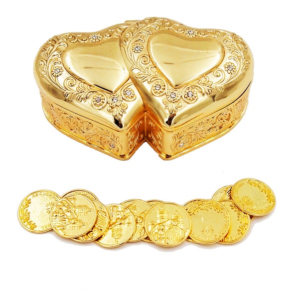 Elegant Gold Double Heart Wedding Arras with 13 coins set, Ring Box, Arras de Boda Wedding Unity Coins, Wedding Arras, Wedding Gift Idea