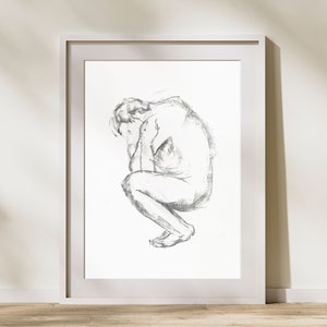 Crouching Figure Drawing | Digital Download, Black and White, Original Artwork, Bathroom Art, Wall Art, Boudoir, Vintage