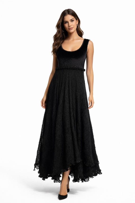 1990s Vintage Handmade Black Velvet & Mohair Evening Dress | British Designer | One-of-a-kind Knit Gown