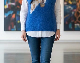 Handmade Sleeveless Giraffe Design Sweater in Royal Blue Mohair