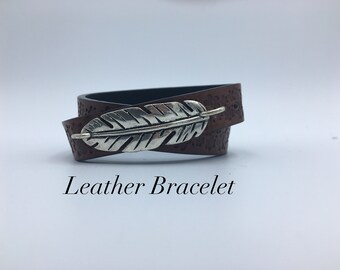 Feather Leather Bracelet, Silver Feather Bracelet, Leather Wrap Bracelet, South West Bracelet, Cowboy Bracelet