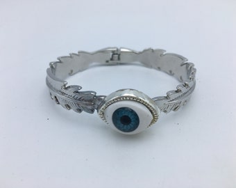 Evil Eye Feather Bracelet, Cuff Bracelet, Silver  Hinge Bracelet, Gift for Her