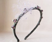 Unique dark green velvet headband, wedding beaded hair accessory with fancy beads and rhinestone.