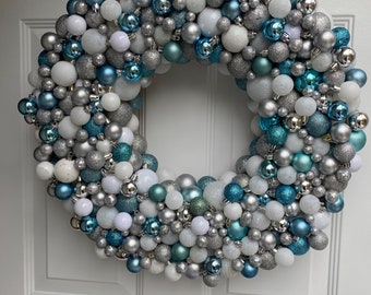 Turquoise, silver, and white large ornament wreath