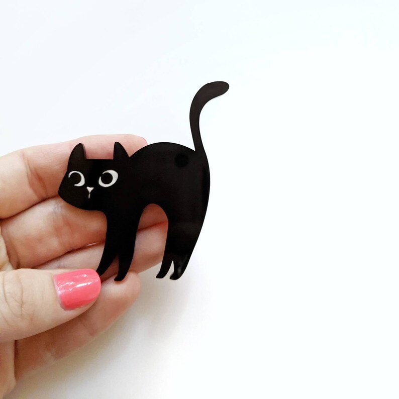 Halloween cat pin, black cat pin, cute cat Halloween, kawaii, spooky brooch, laser cut image 1