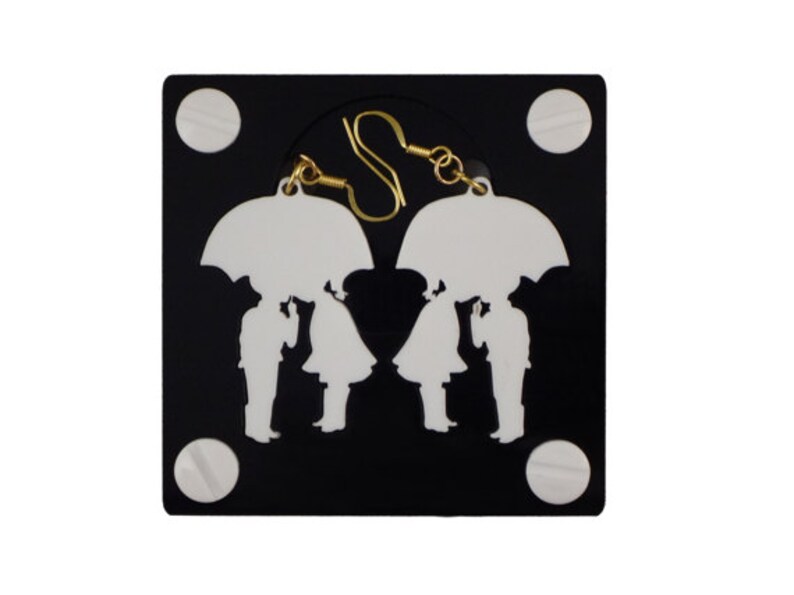 Couples Jewelry, Fiancee Gift, Romantic Earrings, Laser Cut Earrings, Love Earrings, White Kissing in the Rain Earring, Cute Earrings image 1