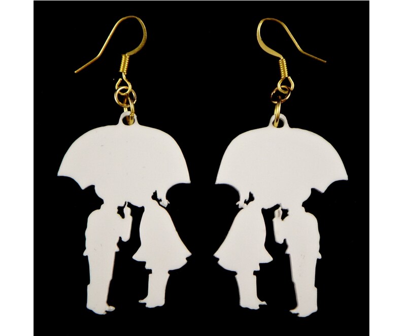 Couples Jewelry, Fiancee Gift, Romantic Earrings, Laser Cut Earrings, Love Earrings, White Kissing in the Rain Earring, Cute Earrings image 2