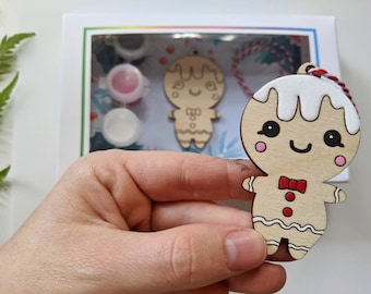 DIY Christmas Kit, Ginger men Ornament painting kit, Holiday Craft, wooden Christmas tree, wood painting, holiday party craft