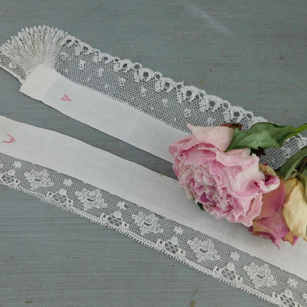 2 Antique handmade lace and linen strips of hand embroidered lace with the embroidered initial A, Wedding lace