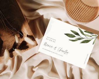 Modelo editável para salvar a data de eucalipto, salvar a data para impressão, salvar nossa data, modelo de anúncio de data de casamento, download instantâneo