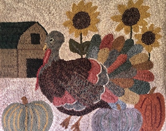 PATTERN for Rug Hooking Turkey Farm- Hand drawn on Primitive Linen Sunflowers Barn Pumpkins