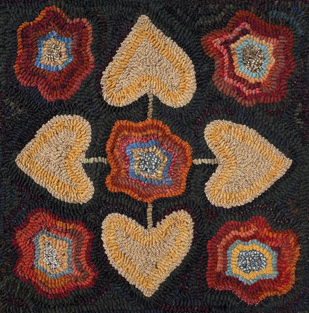 PATTERN for Rug Hooking - Drawn on Primitive Linen Hearts & Flowers (20 ...