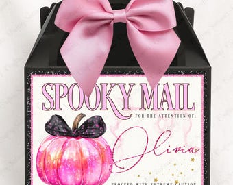 Personalized Halloween Treat Box: Black Spooky Mail Box with Pink Pumpkin