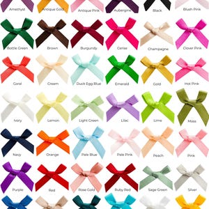 May include: A grid of thirty-six satin ribbon bows in various colours, each labelled with its specific colour name including Amethyst, Antique Gold, Antique Pink, Aubergine, Black, Blush Pink, Bottle Green, Brown, Burgundy, Cerise, Champagne, Clover Pink, Coral, Cream, Duck Egg Blue, Emerald, Gold, Hot Pink, Ivory, Lemon, Light Green, Lilac, Lime, Moss, Navy, Orange, Pale Blue, Pale Pink, Peach, Pink, Purple, Red, Rose Gold, Ruby Red, Sage Green, Silver, Smoke Blue, Taupe, Teal, Turquoise, White, and Yellow Gold.