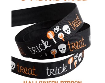 5 Metre Roll Halloween Trick or Treat Ribbon 16mm Black Grosgrain | Halloween Ribbon | Craft Supplies | Bow Making Ribbon