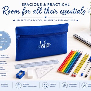 Infographic showing a personalised pencil case with zip compartment, displayed with pens, pencils, ruler, rubber, sharpener and stationery. Highlights the spacious 0.5 litre capacity, durable 600D polyester material, internal identification label and secure zip fastening, ideal as a personalised school pencil case for children.