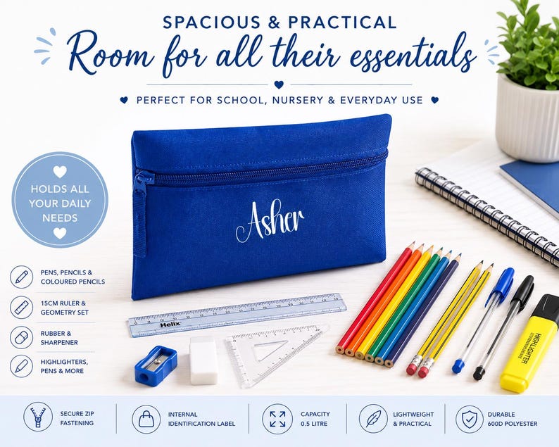 Infographic showing a personalised pencil case with zip compartment, displayed with pens, pencils, ruler, rubber, sharpener and stationery. Highlights the spacious 0.5 litre capacity, durable 600D polyester material, internal identification label and secure zip fastening, ideal as a personalised school pencil case for children.
