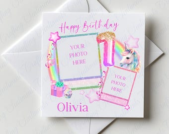 Personalised Unicorn Photo Birthday Card – Magical Polaroid Style, Any Name or Age