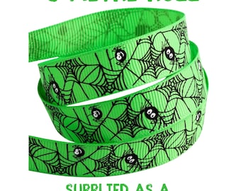 5 Metre Roll Halloween Spider Web Ribbon | 16mm Green Grosgrain Ribbon | Halloween Craft Supplies