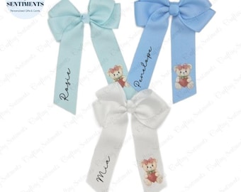Personalized Hair Bow – Teddy Bear with Strawberry, Crocodile Clip
