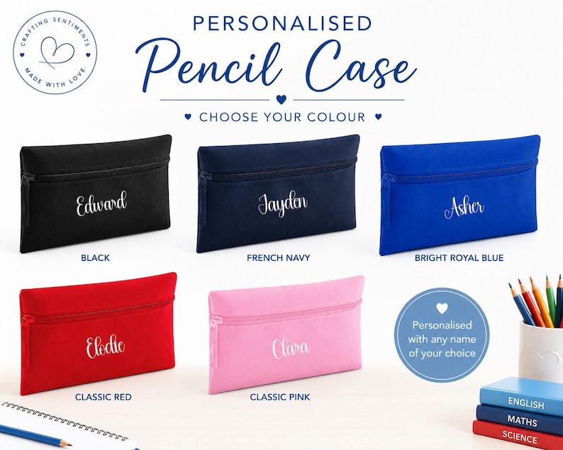 Colour options for a personalised pencil case showing Black, French Navy, Bright Royal Blue, Classic Red and Classic Pink. Durable 600D polyester stationery pouch with zip fastening, personalised with any name, ideal for school, nursery and everyday use.