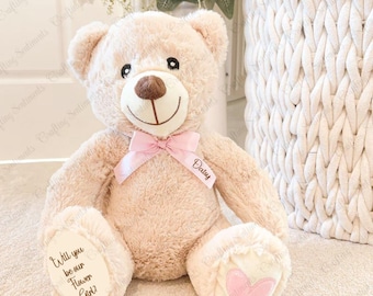 Cute Personalised Teddy Bear with Pink Heart - Ideal for Mother's Day / new baby / bridesmaid or flower girl