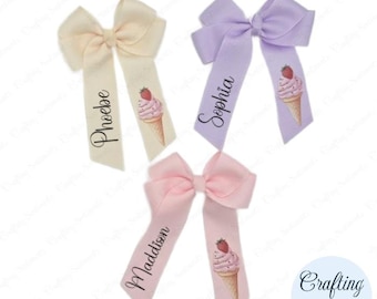 Personalised Hair Bow with Strawberry Ice Cream Decal – 4 Inch Handmade Accessory